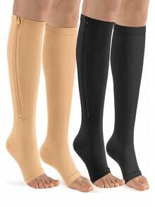 1 Pair/2 Pairs Zipper Open Toe Compression Socks, Unisex 5-20mmHg Graduated Compression, Slimming & Shaping, Easy On/Off, Knee-High Design, Suitable For Running, Sports, Fitness, Standing Work, Daily Wear - Multicolor - View 1