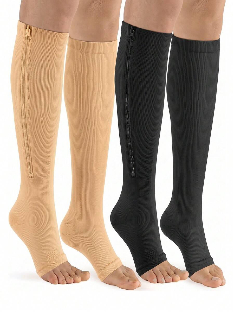 1 Pair/2 Pairs Zipper Open Toe Compression Socks, Unisex 5-20mmHg Graduated Compression, Slimming & Shaping, Easy On/Off, Knee-High Design, Suitable For Running, Sports, Fitness, Standing Work, Daily Wear - Multicolor - View 1