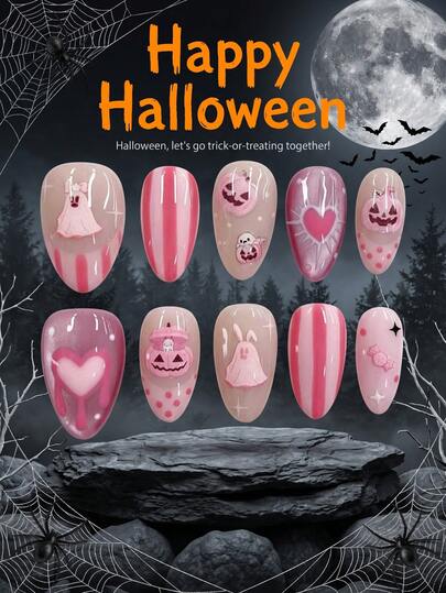 10pcs Almond Halloween Press On Nails, Pink Ghost Pumpkin Heart Candy Stripe Print Fake Nails, Spooky Holiday Acrylic False Nail Kit With Jelly Gel Nail File Suitable For Woman Girl Halloween Cosplay Party Daily Wear