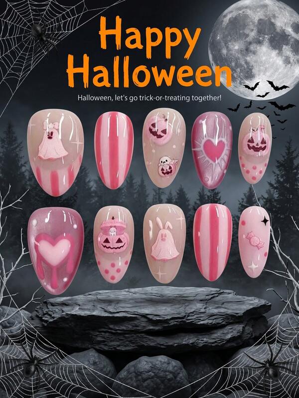 10pcs Almond Halloween Press On Nails, Pink Ghost Pumpkin Heart Candy Stripe Print Fake Nails, Spooky Holiday Acrylic False Nail Kit With Jelly Gel Nail File Suitable For Woman Girl Halloween Cosplay Party Daily Wear