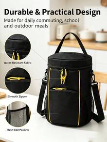 Portable Tennis Bucket Bag, Lunch Tote & Crossbody Storage, Quick Flip Lid, Front Zip Pocket, Mesh Side Pockets, Adjustable Strap, Self-Standing Base. Durable Nylon, Black/Yellow. For Outdoor Sports & Commuting. - Black - View 2
