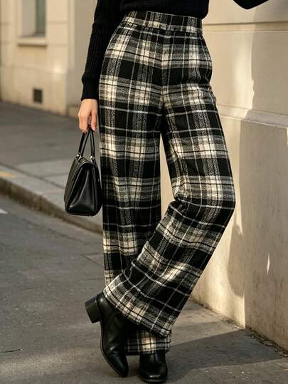 Women's Autumn/Winter Jacquard Straight-Leg Pants, Vintage Plaid Pattern, Casual Loose Relaxed Fit, Elastic Waist, Pockets, Floor-Length
