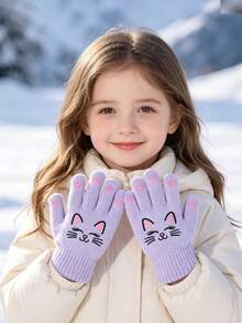 2 Pairs Kids Cute Cartoon Cat Print Knitted Full Finger Gloves, Soft Warm Winter Gloves, Elastic Ribbed Cuff Hand Protection, Suitable For Girls Outdoor Daily Wear - 2Pairs - View 11