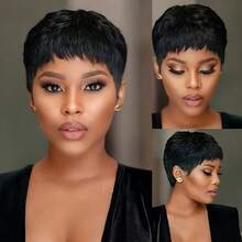 1B Color Short Wig With Bangs, Layered Pixie Cut Wig, Real Human Hair, Wig For Valentine's Day Gift, Fully Hand-Tied Black Short Hair Wig - Natural Black - View 3