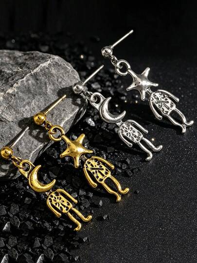 1 Pair Gold Fashion Dark Style Long Star Moon Figure Stud Earrings, Subculture Hot Girl Earrings For Women, Suitable For Festivals And Parties