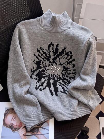 JIANHU Vintage Floral Jacquard Turtleneck Sweater - Comfortable Knit Pullover For Autumn/Winter, Elegant & Warm Holiday Layering Top | Versatile & Cozy, Suitable For Christmas, New Year Party And Daily Wear