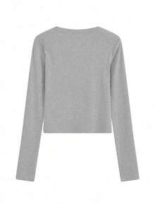 Atasan Dalaman Kaos Lengan Panjang Bordir Pas Badan dengan Kerah Setengah Terbuka untuk Awal Musim Semi - Grey - View 5