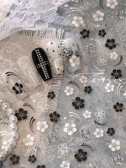Pegatinas de uñas 5D en relieve, calcomanías transparentes de gelatina con hibisco floral, estrella y curva en negro y blanco, mate monocromo con brillo suave, estilo minimalista Y2K tropical vintage coreano chic, decoración DIY para uñas de salón, uñas postizas, puntas acrílicas, fundas de teléfono y manualidades de resina, 1 pieza