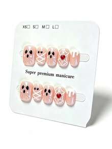 10pcs Pure Handmade Oval Press On Nails, Y2k Vintage Sweet Cool Halloween Style,Pink Glitter Base, Cartoon Ghost Face,Spider Web, Red Heart & Cream Drip Line Patterns For Women And Girl, Spring Summer Fall Winter Festivals Party And Daily Life Use - Pink - View 3