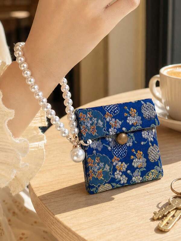 Women's Wristlet Wallet With Pearl Chain, Pomegranate Flower Button, Vintage Jewelry Bag, Embroidered Storage Pouch, Can Hold Bracelets, Rings, Pearl Necklaces, Earphones, Coins, Suitable For Shopping, Vacation, Work, Travel, Business Trips, Daily Use, Meets Your Daily Storage Needs. Suitable For Men, Women, Students, Teachers, Travel, Work, Travel, Study, Vacation, Anti-Loss Dorm Storage, Back To School Season, Graduation Season, Teacher's Day Gift