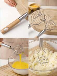 1pc/2pcs Kitchen Cream Whisk Flour Mixer Multi-Functional Wooden Handle Masher Baking Tool Set - Multicolor - View 8