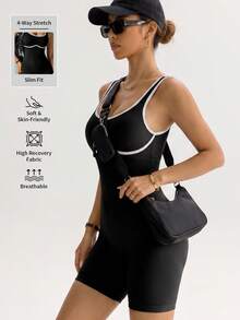 European & American Style Seamless Yoga Jumpsuit, Black & White Contrast Trim Ribbed Fitness Jumpsuit, Casual Versatile Everyday Wear Sports - Black - View 7