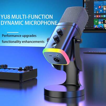 YAIUZGOO Mikrofon USB RGB Profesional dengan Stand, Mikrofon Gaming Desktop Dinamis, Pencahayaan LED, Pengurangan Kebisingan, Tombol Bisukan, Volume yang Dapat Diatur dan Kontrol Gema, Mikrofon Komputer Plug and Play, Cocok untuk PC PS1+4 Laptop Ponsel Streaming Langsung Perekaman Podcast