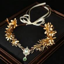 Vintage Elf Forest Gold Staghorn Fern Leaf Crown With Red Rhinestones, Adjustable Ribbon Headpiece, Suitable For Halloween Cosplay, Renaissance Wedding, Festival Party - Multicolor - View 12