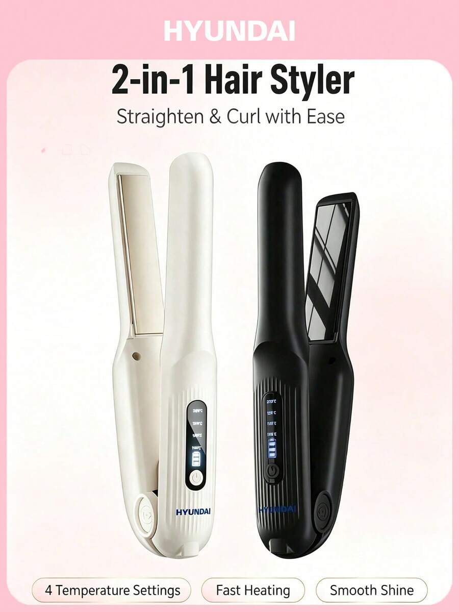 HYUNDAI 2-In-1 Portable Straightener & Curler, Wireless Ceramic Heating Plates, Rechargeable Cordless Clamp, Upgraded Smart Temperature Control Anti-Scald, Suitable For Party And Travel