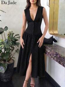 Da Jade Women's Vintage Bordeaux Red Polka Dot Sleeveless Midi Dress, Deep V-Neck Front Button Closure Side Slit Ruched Waist Soft Flowy Casual Beach Holiday - Black - View 2