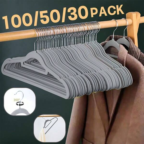 100/50/30 Pack Non Slip Velvet Clothes Hangers, Space Saving Anti-Scratch Garment Hangers With Shoulder Notches For Wardrobe Bedroom