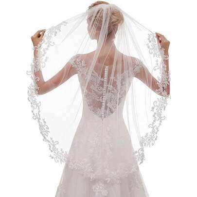 1pc Women's European And American Style Short Bridal Veil, Single Layer Lace Applique Headpiece Hair Accessory For Outdoor Photography