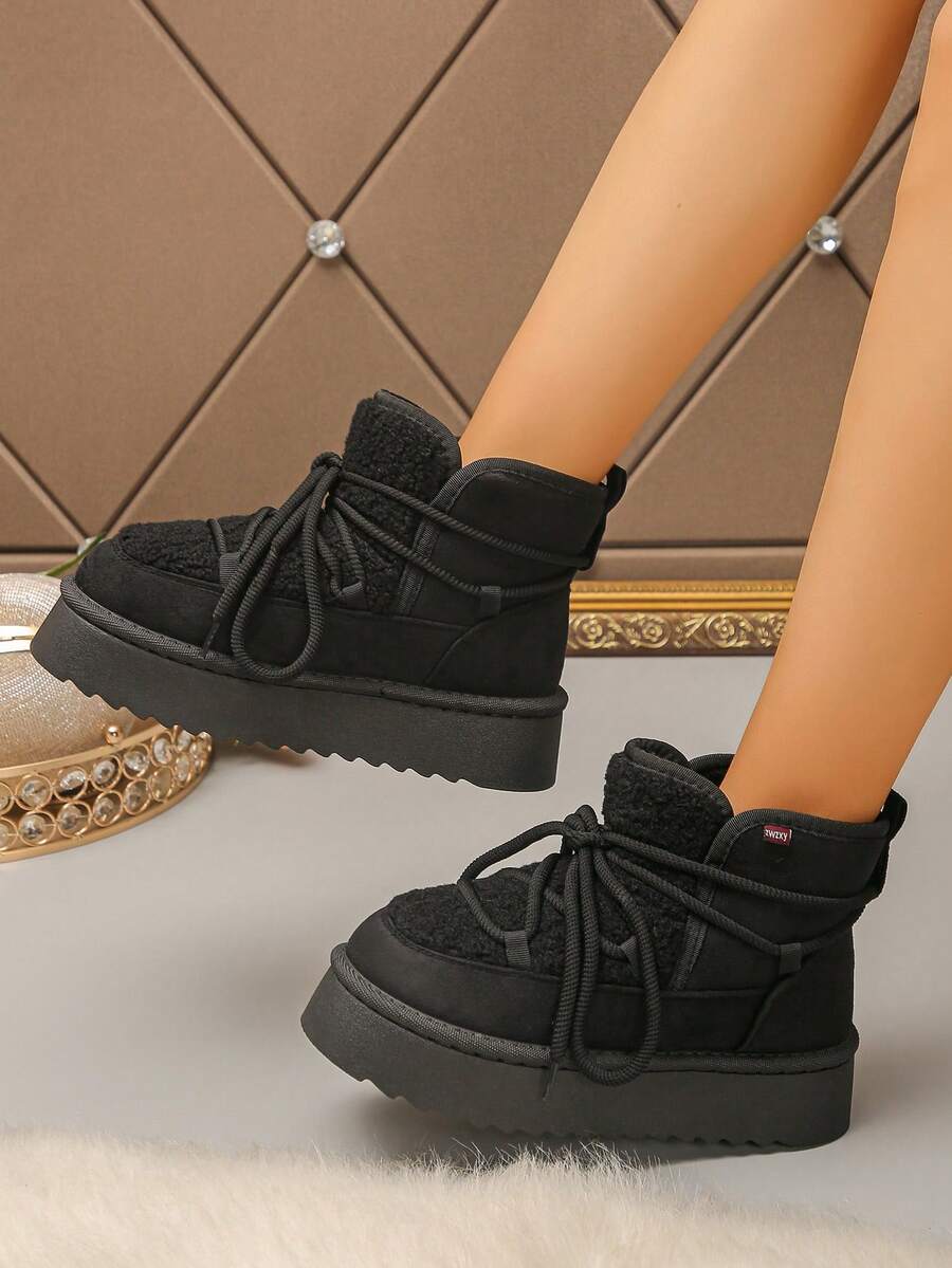 Women's Comfortable Non-Slip Black Lace-Up Warm Thick Sole Snow Boots Slip-On High Platform Thick Sole Boots Fuzzy Lining Warm Women's Boots Autumn/Winter Daily Wear Black Snow Boots