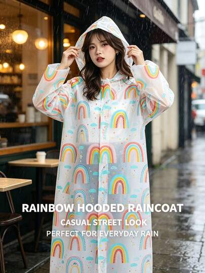 1pc Women's Transparent Rainbow Print Cute Girl Fashion Elegant New Plus Size Transparent EVA One-Piece Raincoat With Hemming, Waterproof Rain Poncho For Outdoor Hiking, Adult, Suitable For Halloween, Christmas, Holiday Gifts, Heavy Rain, Non-Disposable, Reusable