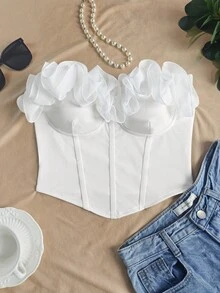 White Organza Ruffle Strapless Corset Top, Autumn Campus Style - White - View 2