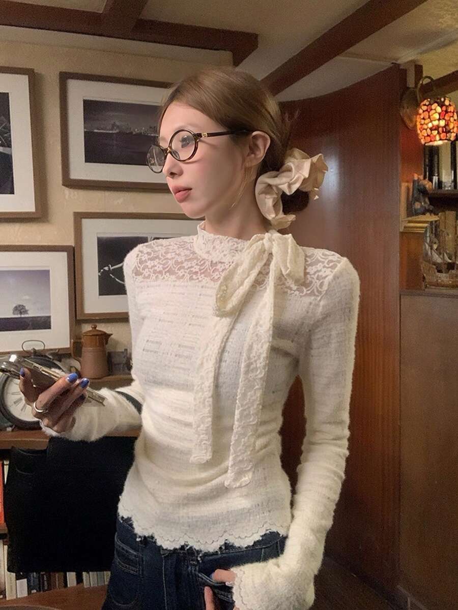 Exquisite Lace Crochet High Neck Long Sleeve Knit Sweater, Unique Bow Decor Layered Top, Women's Valentine's Day Outfit, Autumn/Winter/Spring - Apricot - View 1