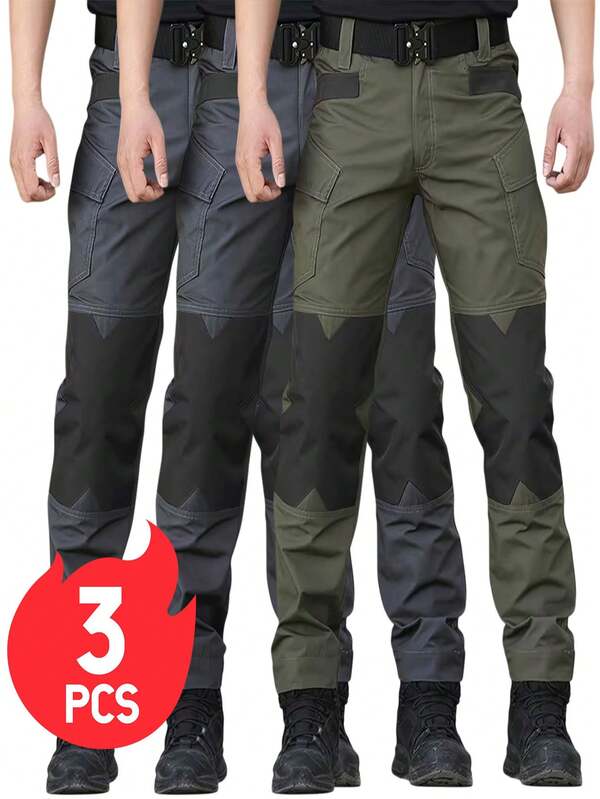 3PCS Men'S Tactical Trousers, Multi-Pocket, Solid Color, Tooling Outdoor, Hiking Pants, Multi-Tool Trousers, Durable And Comfortable
