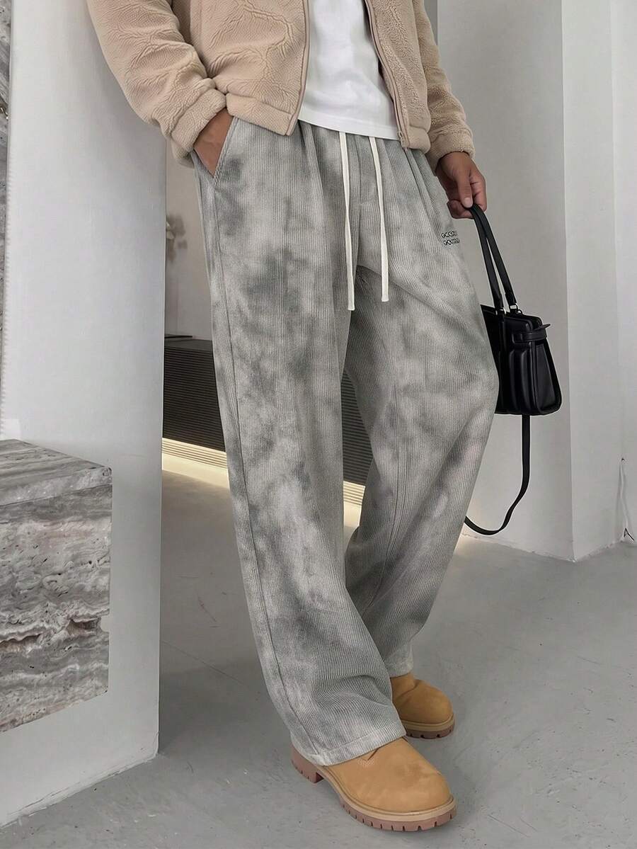 Plus Size Men's Corduroy Wide Leg Pants, Drawstring Loose Drape Casual Long Pants - Grey - View 1