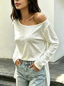 Slouchy Asymmetrical Off-Shoulder Long Sleeve T-Shirt, Slightly Sheer Loose Fit Grey Sexy Style Base Layer, Korean Off-Shoulder Sun Protection Cover-Up For Women - White - View 3