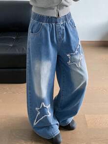 1pc Girls Elastic Waist Wide Leg Denim Jeans, Summer Style Star Frayed Patchwork Washed Long Pants, Versatile Loose Straight Leg Casual Pants - Light Wash - View 1