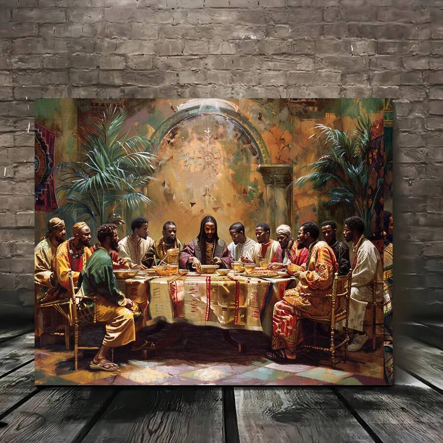 [Elegant Black Last Supper Art]1pc Elegant Black Last Supper Canvas Wall Art - High-Quality Print, Pine Wood Frame, Ready To Hang - Perfect For Living Room, Dining Room Or Classroom Decor