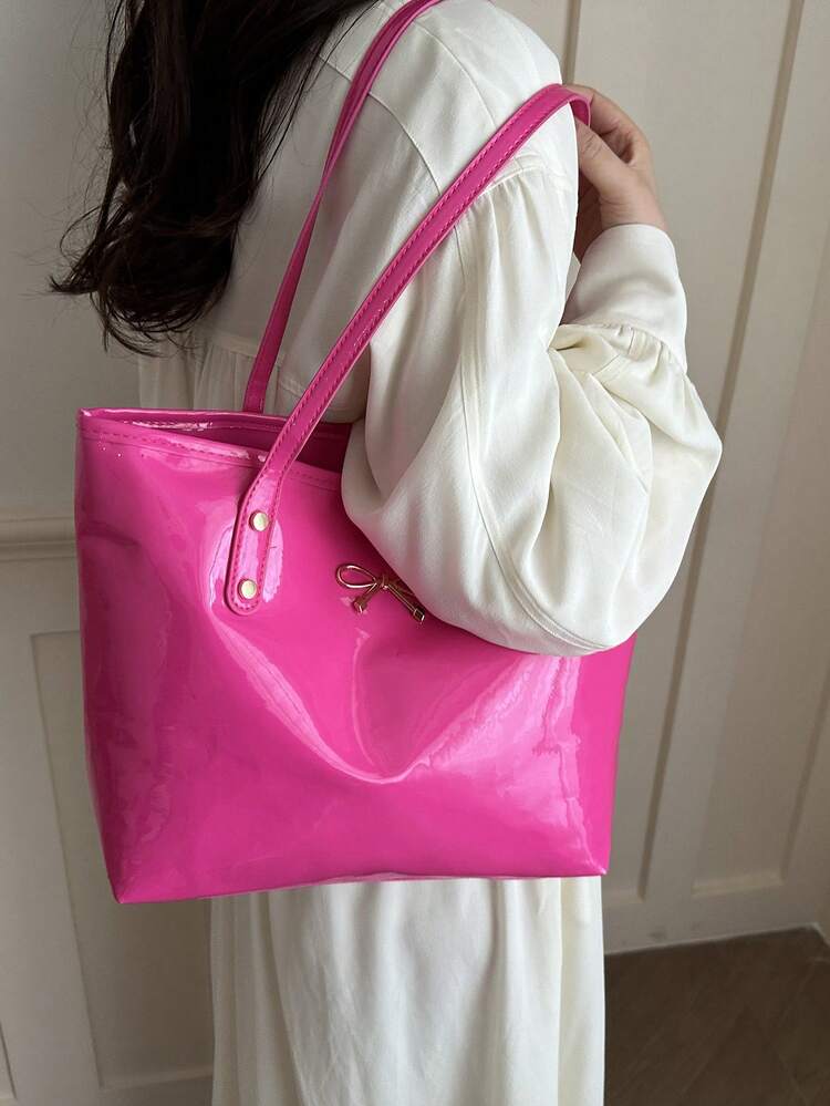 All Over Print Shoulder Tote Bag, Mothers Day Gift For Mom Retro Letter Print Tote Bag Large Capacity Shoulder Bag Perfect Underarm Bag For Commuting - Pink - View 5