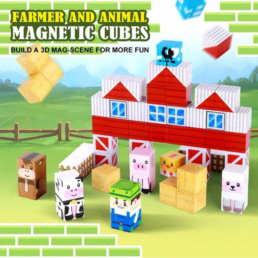 54/108pcs Magnetic Building Blocks Set - Farm Animals & Farmer Theme STEM Learning Toy, DIY Magnetic Cube Blocks, Creative Construction Educational Toy For Kids, Perfect Gift For Christmas, Birthday, Easter - Multicolor - View 1