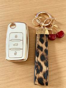 Suitable For Key Cover And Keychain, Car Key Holder Sprinter, Polo, Lavida, Golf, Smart Remote Key Protective Shell, Soft Shell Protects Your Car Key From Scratches, Car Key Decoration Cherry Pendant Leopard Print Pattern, Fashionable Key Matching - Leopard Print Cherry Wristband - View 3