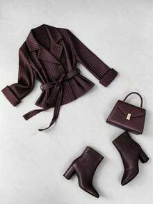 Fashionable Women's Long Sleeve Fine Striped Woven Fabric Blazer, Lapel Tie Waist, Button Detail - Burgundy - View 4