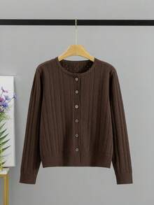 GIGOGOU 大尺碼 1XL-4XL 女款針織開襟毛衣外套，時尚高品質休閒長袖秋冬款 - 咖啡棕 - 查看 2