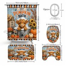 1pc/4pcs Bubble Bath Highland Cow Funny Sunflower Pumpkin Plaid Autumn Decor Multi-Functional Bathroom Decor Shower Curtain Set, Free 12 Hooks, Premium Holiday Atmosphere, Bathroom Mat, U-Shaped Rug And Round Toilet Lid Cover, Suitable For Autumn Harvest All Occasions - Highland Cow Bubble Bath - View 3