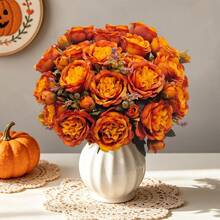 1/3/60pcs Autumn Peony Artificial Flowers, Silk Burgundy Peony Fake Flower Bouquet, Autumn Floral Arrangement, Suitable For Centerpiece, Wedding, Party, Home Decor - Orange - View 1