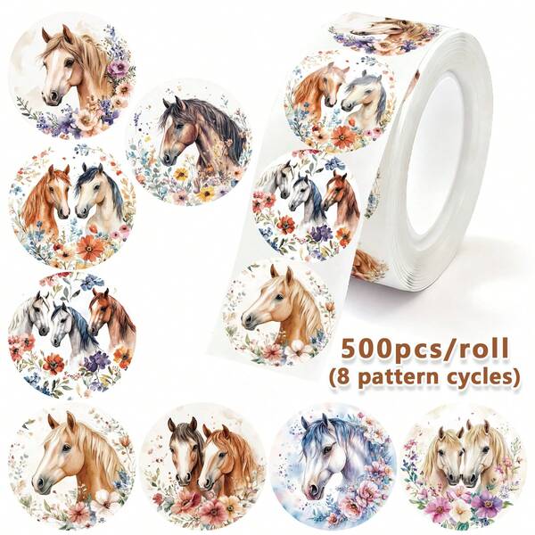 500 PCS/Gulungan Stiker Kuda Cat Air, 8 Pola Stiker Bunga dan Kuda, Stiker Hewan Penyembuh, Stiker Kuda Bunga, Stiker Penandaan Pelatihan di Rumah, Stiker Pajangan, Stiker Segel Kemasan Dekorasi Hadiah