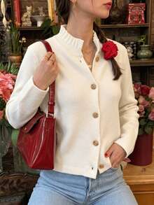 Women's Ruffle Collar Front Button Long Sleeve Soft Knit Cardigan, Autumn Back To School Daily Vintage Coffee Style Casual Jacket - White - View 4