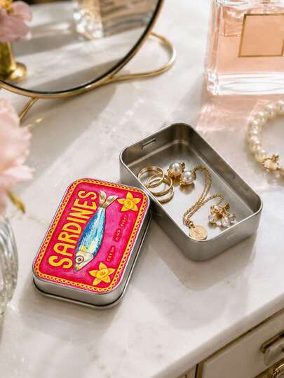 Colorful Retro Sardine Can Flat Pattern Rectangular Flip-Top Metal Box, DIY Mini Portable Storage Box, Small Storage Container And Mini Foldable Metal Box, Jewelry Earring Organizer Box With Fish Bone And Fish Spine Design, Perfect For Storing Jewelry, Pills, Sewing Supplies And Other Small Items, Great Gift For Family And Friends, Holiday Gift, Back To School Gift, Party Favor