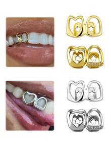 2Pcs/Set Y2K Hip Hop Style Grillz Teeth Hollow Heart Tooth Grillz For Women Men, For Party Carnival Photos Cosplay Halloween - Multicolor - View 1