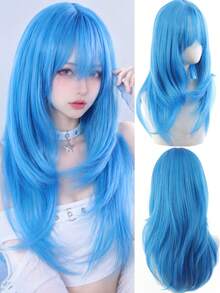 Sky Blue 24 Inch Heat Resistant Synthetic Long Curly Layered Wig With Bangs Women Daily Halloween Party Cosplay Fashion Wig - Multicolor - View 1