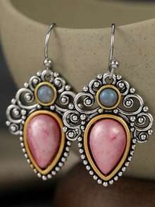 DIYCCPC Elegant Fashion Pattern Engraved Pink & Blue Bead Water Drop Hollow Pendant Earrings, Suitable For Daily Wear Jewelry - Multicolor - View 9