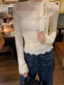 Exquisite Lace Crochet High Neck Long Sleeve Knit Sweater, Unique Bow Decor Layered Top, Women's Valentine's Day Outfit, Autumn/Winter/Spring - Apricot - View 5