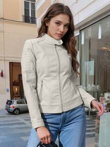 Giolshon Women's PU Motorcycle Jacket, Streetwear Design, With Zipper Pockets, Suitable For Urban Commute And Travel, Balancing Style And Practicality, Suitable For Spring - Beige - View 6