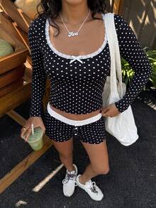 女款優雅波點蕾絲拼接套裝 度假風 - 黑與白 - 查看 3