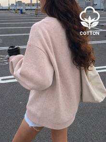 女款粉色紋理棉質圓領衛衣，寬鬆落肩長袖套頭衫，酷女孩秋季街頭風 - 粉色 - 查看 2