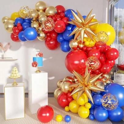 Blue Red Yellow Gold Aluminum Foil Glitter Paper Confetti Balloons Arch Garland Kit For Princess Cartoon Theme Carnival Circus Birthday Babyshower Party Decorations Supplies