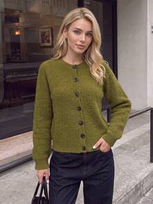 Nicenter Women's Fall‑Winter Cozy Wool Blend Ribbed Knit Crew Neck Button Front Relaxed Cropped Cardigan Sweater Tops Fall‑Winter Clothes For Women - Army Green - View 8
